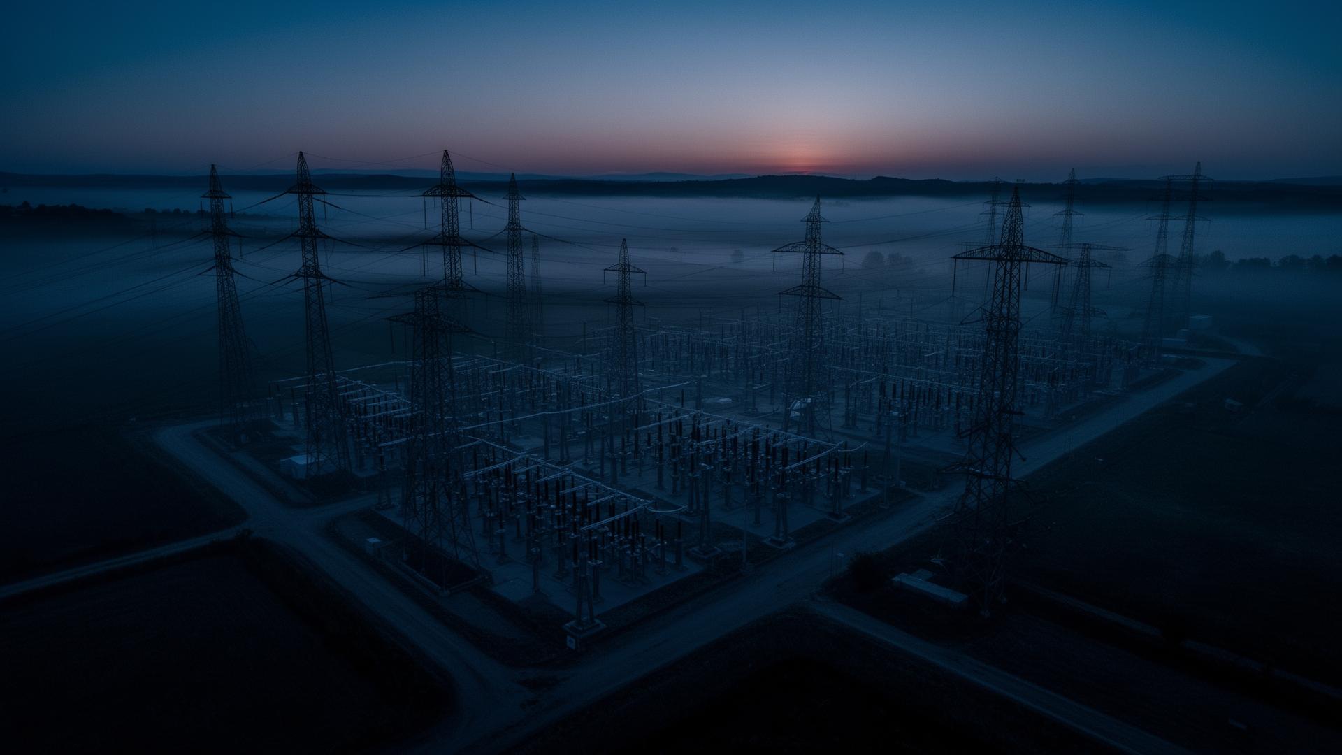 High-voltage substation at dusk